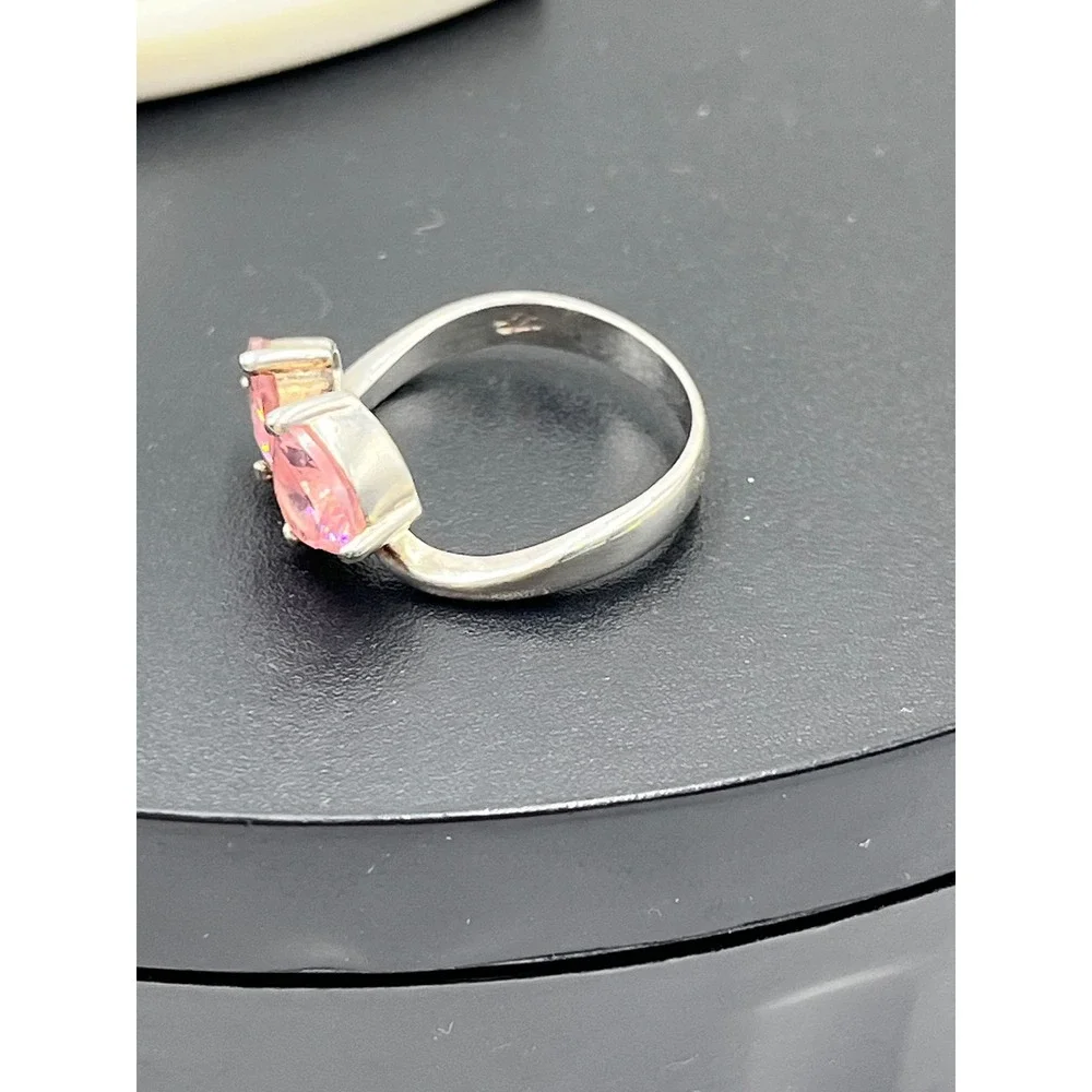 Sterling‎ Silver 925 Double Heart Pink Ice Gemstone Faux Bypass Ring Sz 8.25